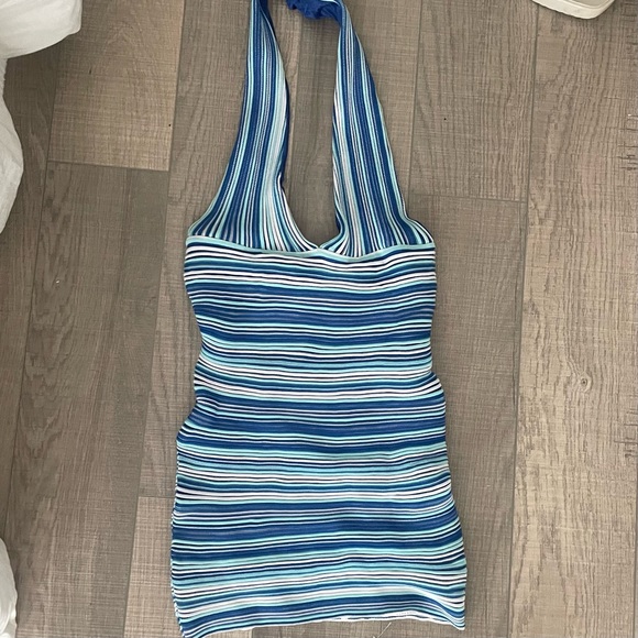 blue striped beginning boutique mini halter dress - Picture 2 of 2